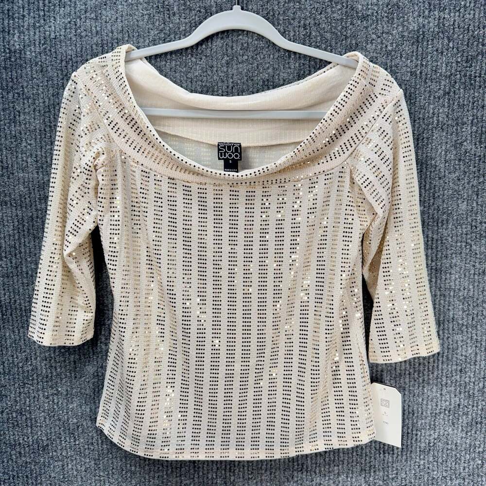 Clara Sun Woo Gold Sequin Top Womens Small Draped Off Shoulder Neck 3/4 Sleeve